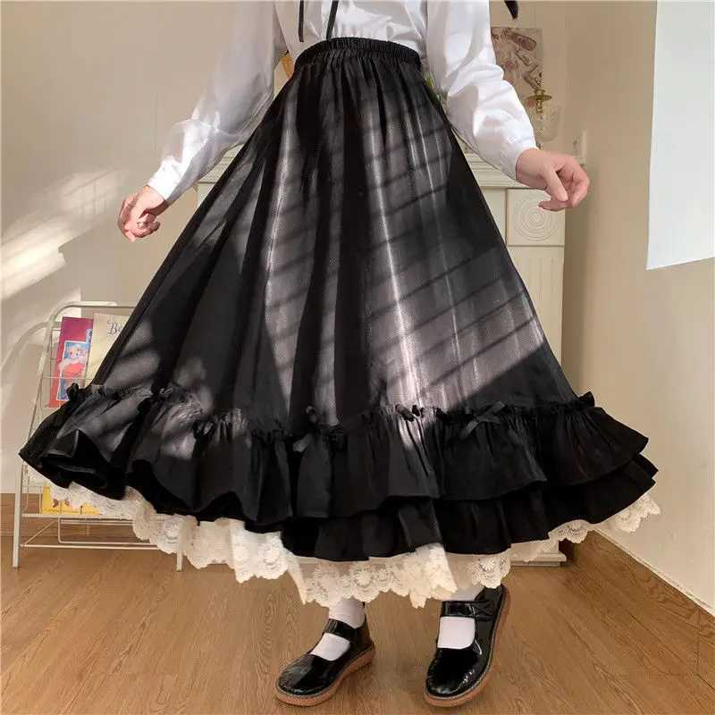 Japanese solid color double-layer retro French pleated A-line pleated skiing Hepburn black half skirt womens white long skirt M250424