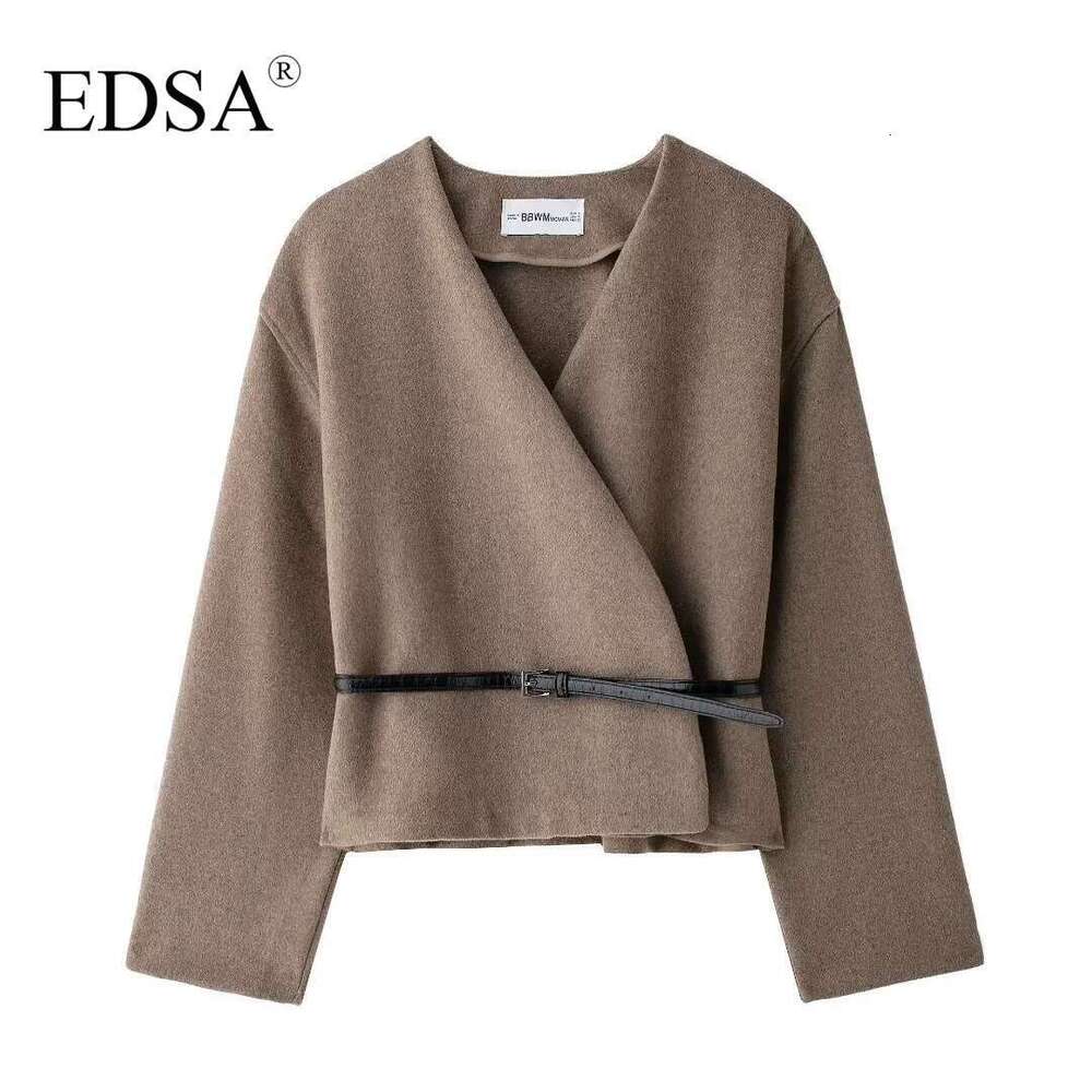 Designer Clothes EDSA Women Soft Belted Jacket Wrap V-Neck Long Sleeves New Elegant Lady Commute Outwear For Female