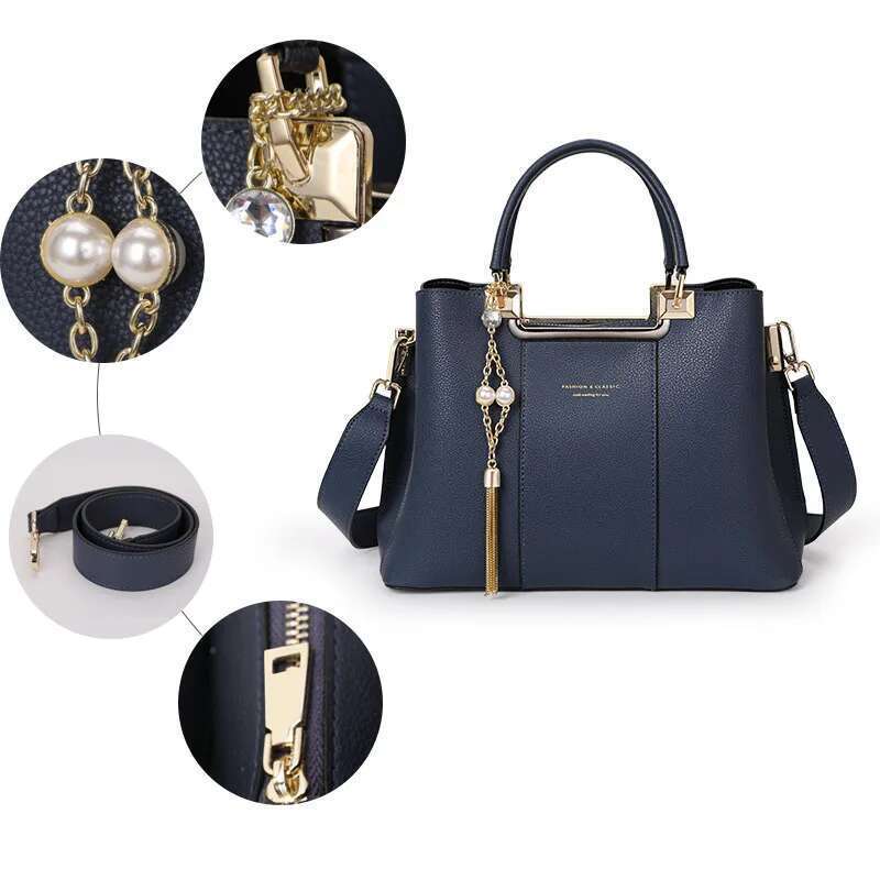 Aidrani Fashionable Women's Handbag In Blue Large Capacity Made Of High-Quality Cowhide And Equipped With Metal Tassels