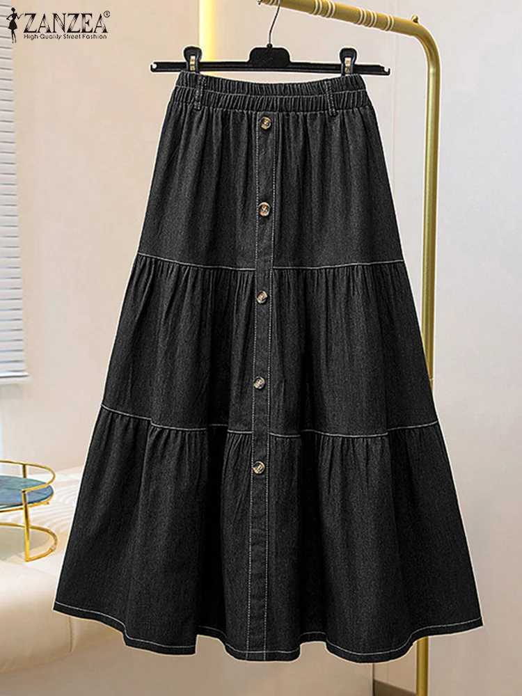 Autumn Elastic Waist Solid Skirts ZANZEA Fashion Women Denim Blue Skirt Elegant A-line Work Overskirts Leisure Loose Holiday Jupe M250424