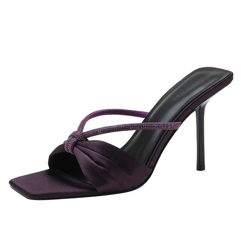 Woman Sandals Square Head Rhinestone Bow Straight Strap Sandals Women S Purple New Sexy Open Toed High Heeled Sandals For Outdoor Wear