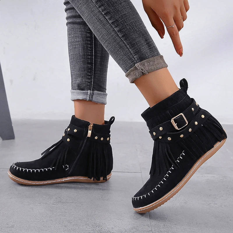Ankle Boots Womens Flat Shoes Fringed Gothic Female Sneakers Woman Cowgirl Elegant Belt Buckle Rivet Plus Size 43 Socofy 250418
