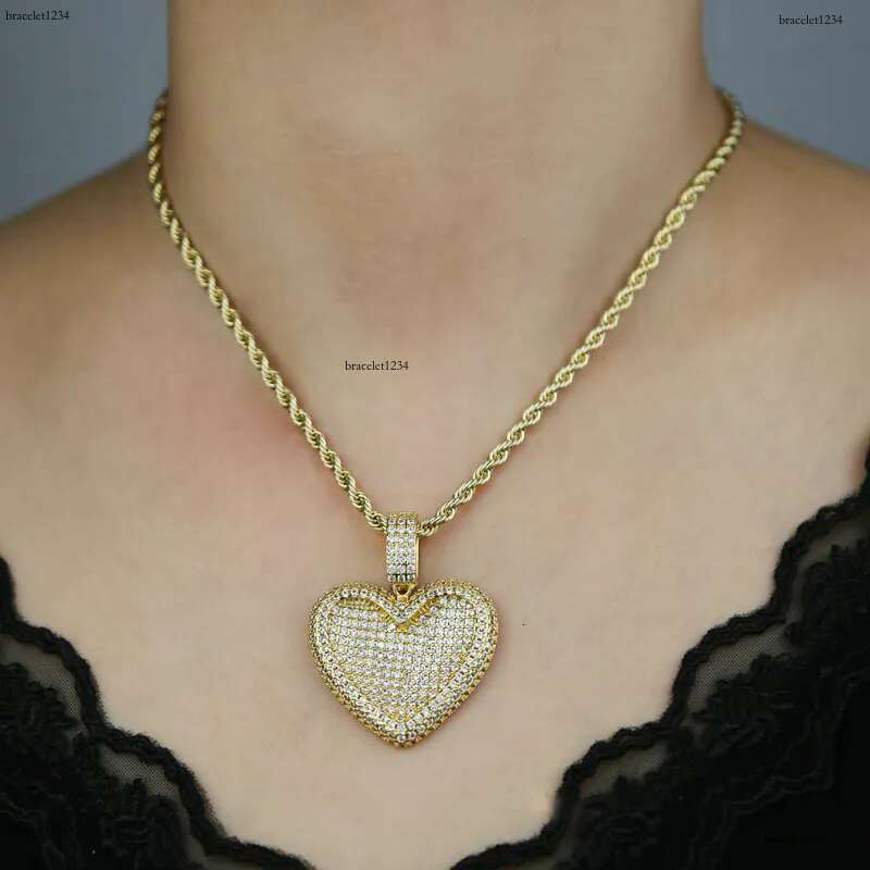Iced Out Big Heart Pendant with Rope Chain Necklace Paved 5A Cz Stone for Women Men Hip Hop Necklaces Jewelry Drop Ship