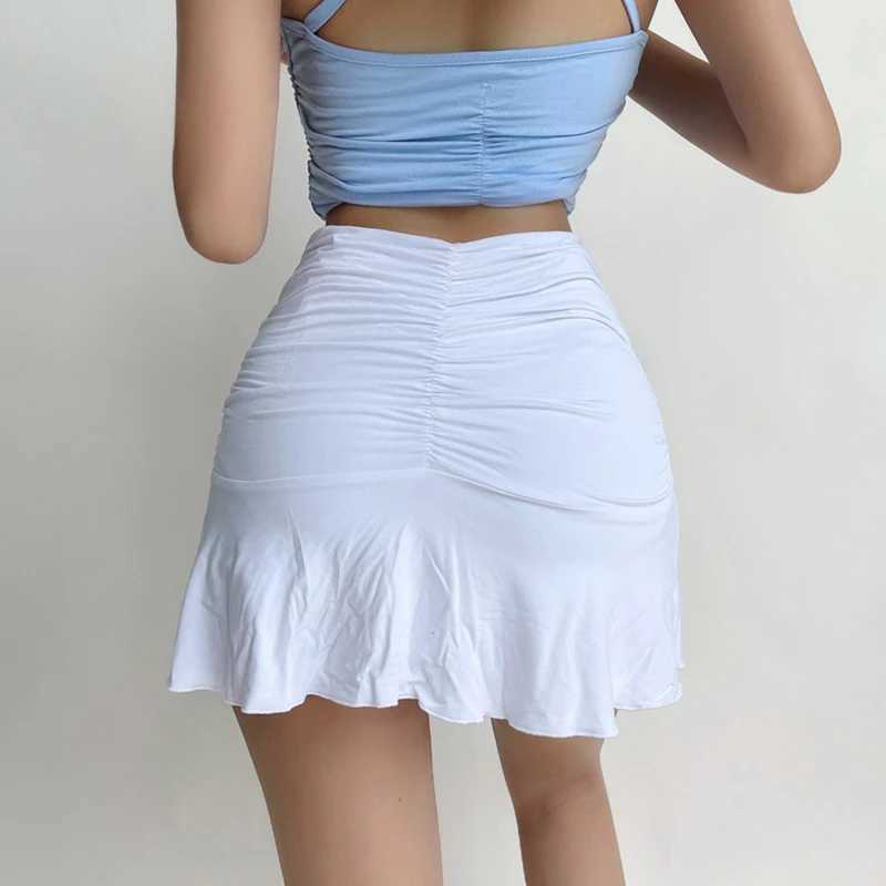 Summer Ruched Skirts for Women White Y2K Mini Beach Wear High Waist Casual Short Skirt Fashion Korean Fold Skiing M250424