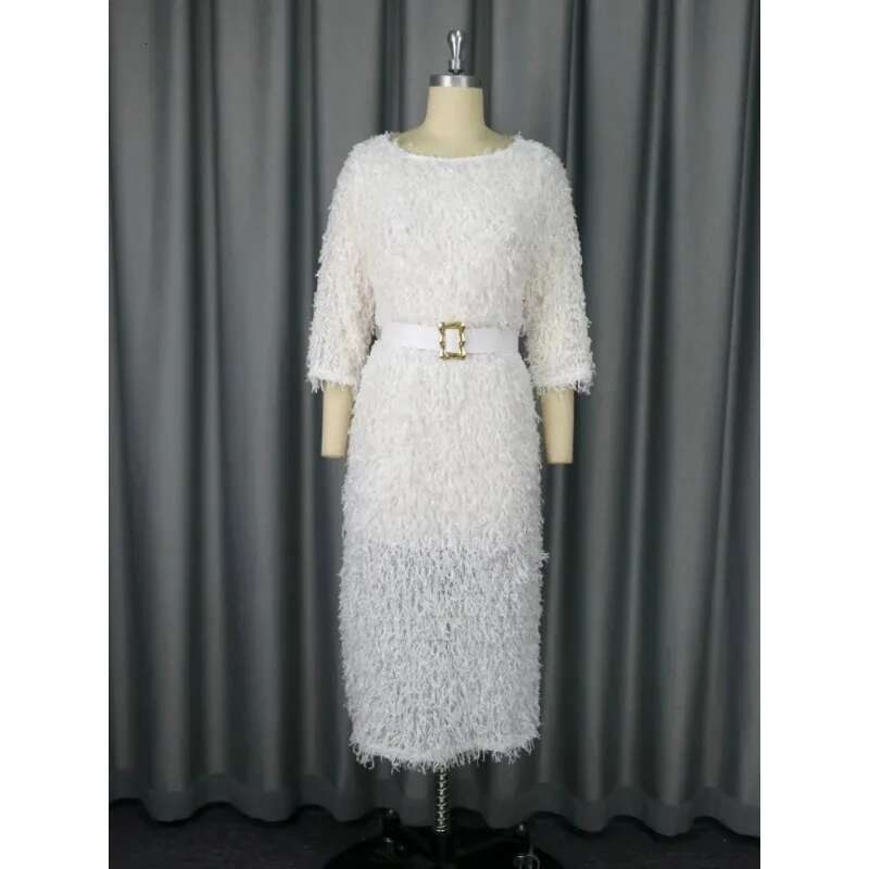 Customized Women White Fur Dresses 3/4 Sleeves Tassel Elegant Fluffy Midi Dress With Belt Fall Winter Party Club Night Go