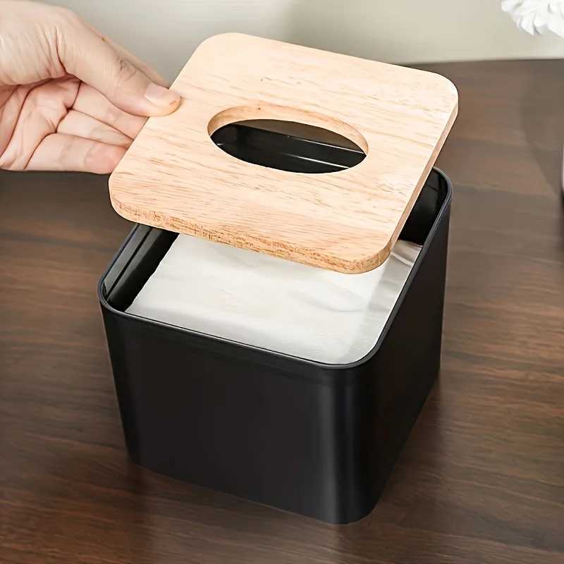 1pc/2pcs-Nordic Style Plastic Tissue Box with Wooden Cover - Paper Box for Restaurants and Rooms - Tissue StorageM251124