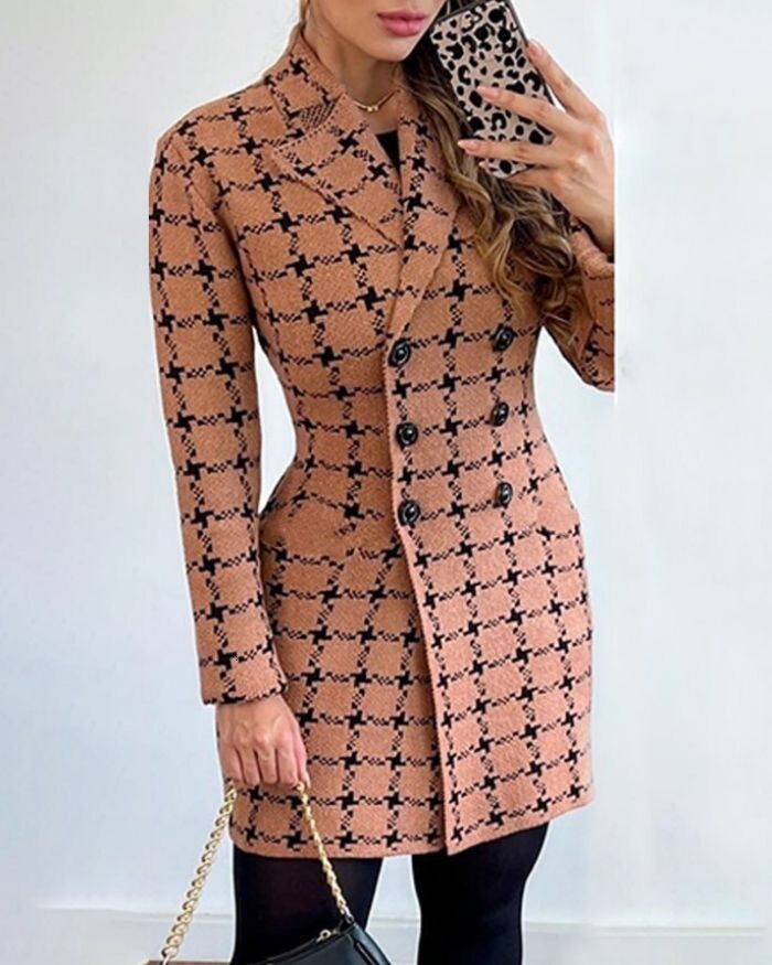 2023 Autumn/Winter Long sleeved Double breasted Suit Collar Printed Small Coat Womens Wear