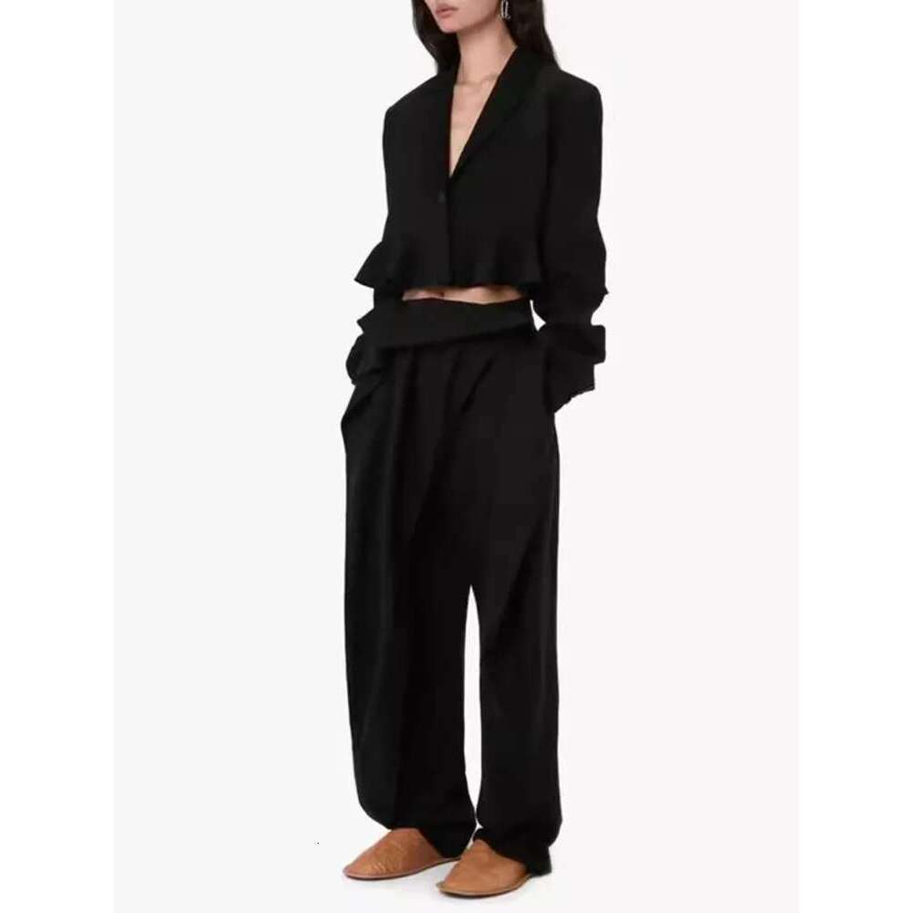 BJTZ Lotus Leaf Lace Hem Short Suit+Buckle Waistband Design Sense Haren Casual Pants For Women 2025 Spring Two Piece Set