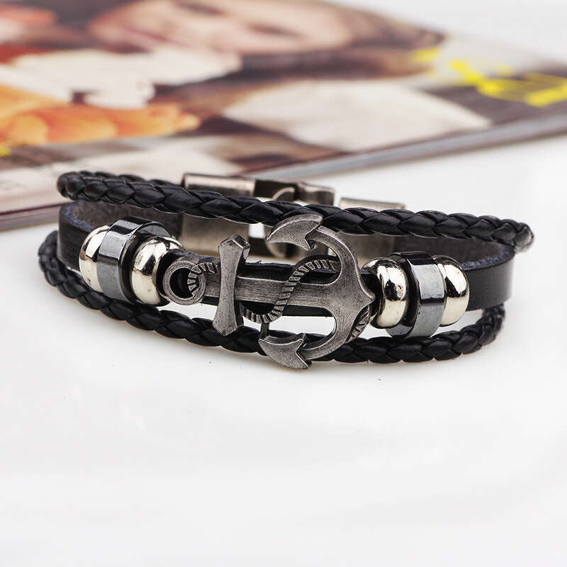Multi layer Weaving Versatile Personalized Pirate Wind Ship Anchor Chain Leather Bracelet