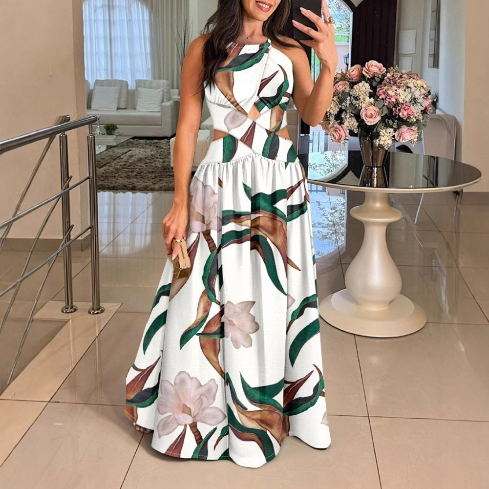 2025 new summer sleeveless off shoulder large swing skirt with high waist and backless strap dress for women