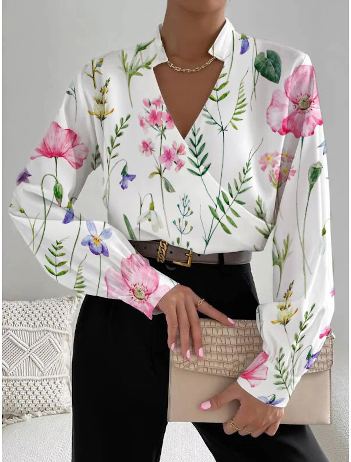 2023 Autumn New Product Long Sleeve V-neck Splicing Shirt for Women
