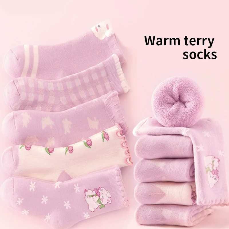 Girls Cherry Pink Winter Thickened Warm Socks Terry Cloth Light Pink Rabbit Pattern Childrens Socks 5-Pair Pack G251124