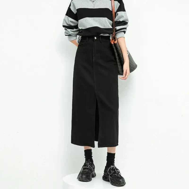 Split style denim womens high waisted loose A-line skiing Korean elegant black skiing spring fashion mid length skiing M250424