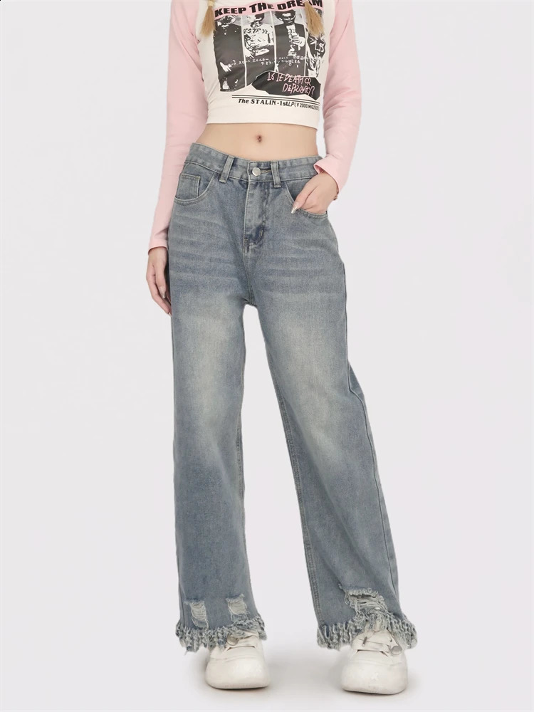 Womens damaged tassel edge n straight blue jeans for young girls casual bottom women high waist wide legs Trouser 250417