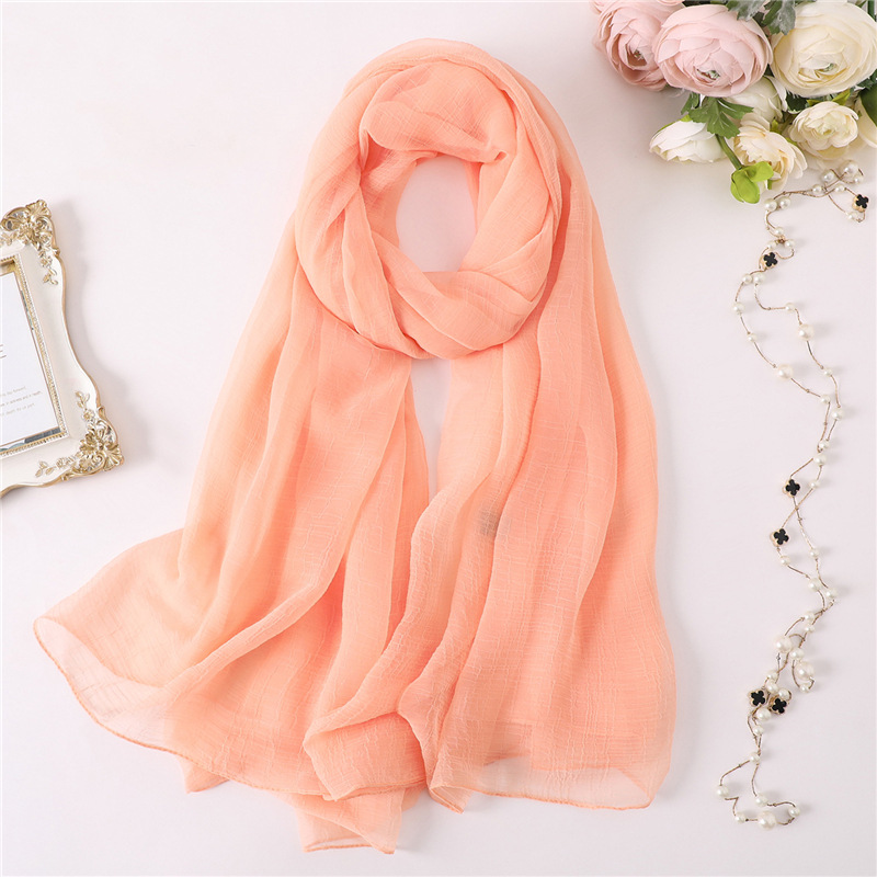 K500 Solid color silk scarf sun protection shawl versatile scarf imitation silk ladies holiday beach towel head scarf crocodile wrinkle thin