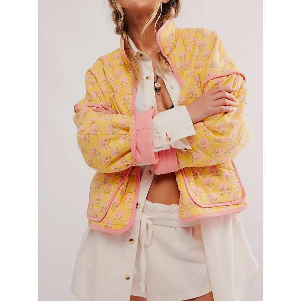 Designer Clothes Print Quilted Cotton Jacket Women Fashion Long Sleeved High Neck Coats Female Single Breasted Loose Coat Autumn New Outerwear