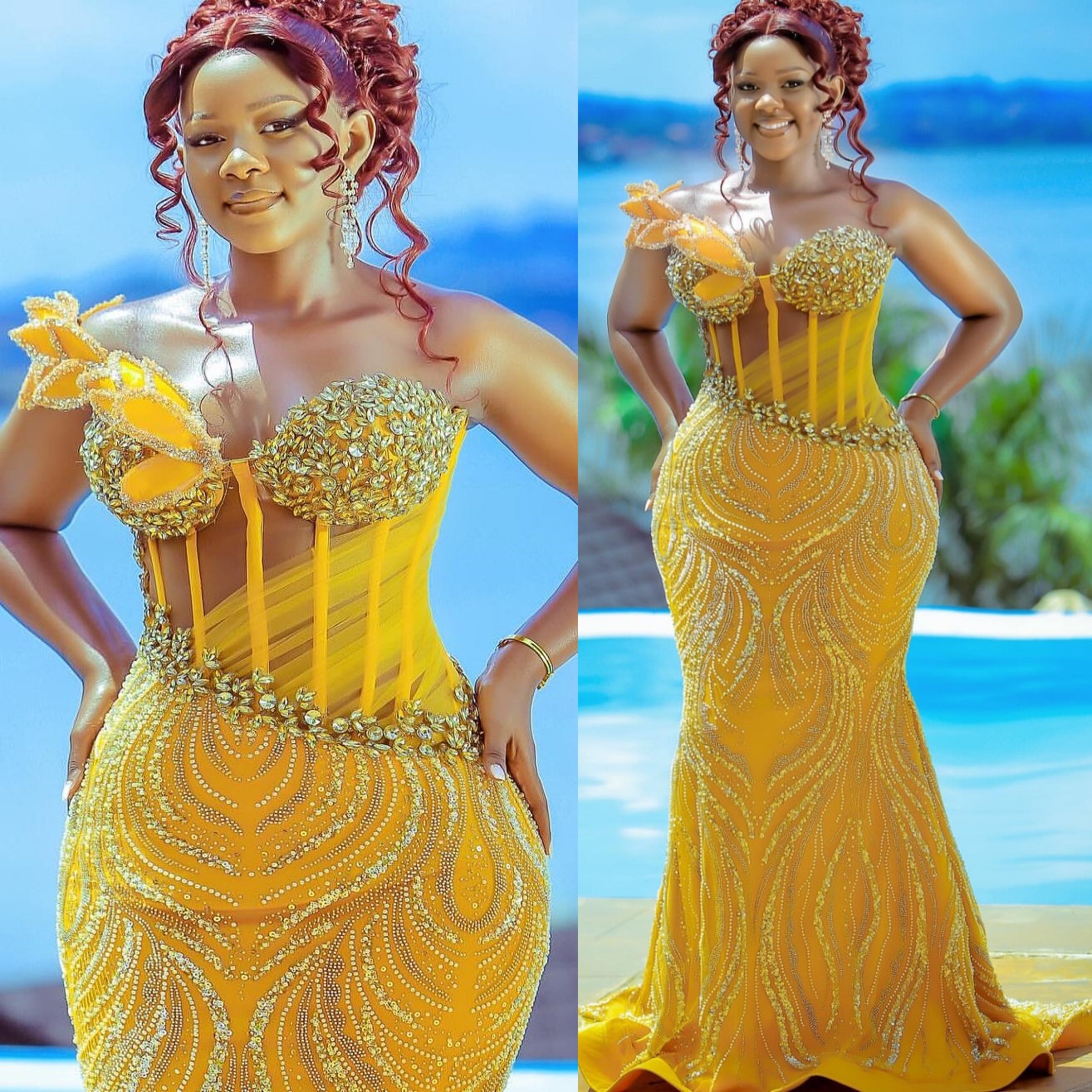 Mermaid Yellow Plus Size Prom Dresses 2025 Crystals Florals Sequined Evening Formal Party Second Birthday Engagement Gowns Dress For Special Occasions