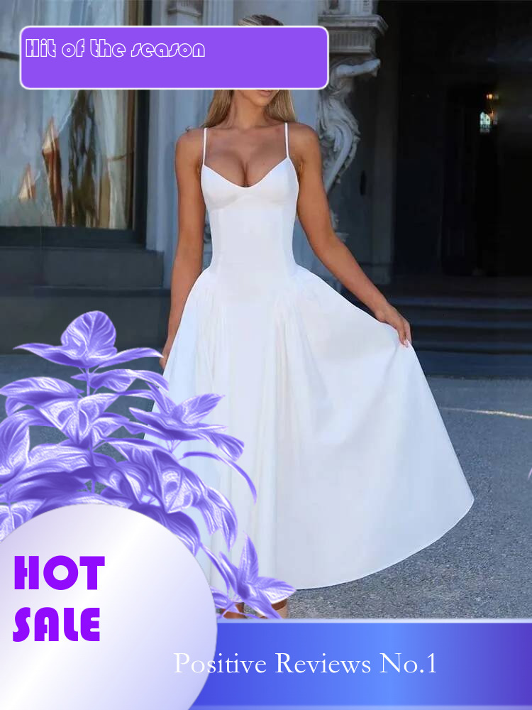 Dongdumaoyi Townlike Pleated Midi Long A Line Dress Women Spaghetti Strap Spring Summer Backless Nightclub Sexy Party Dresses