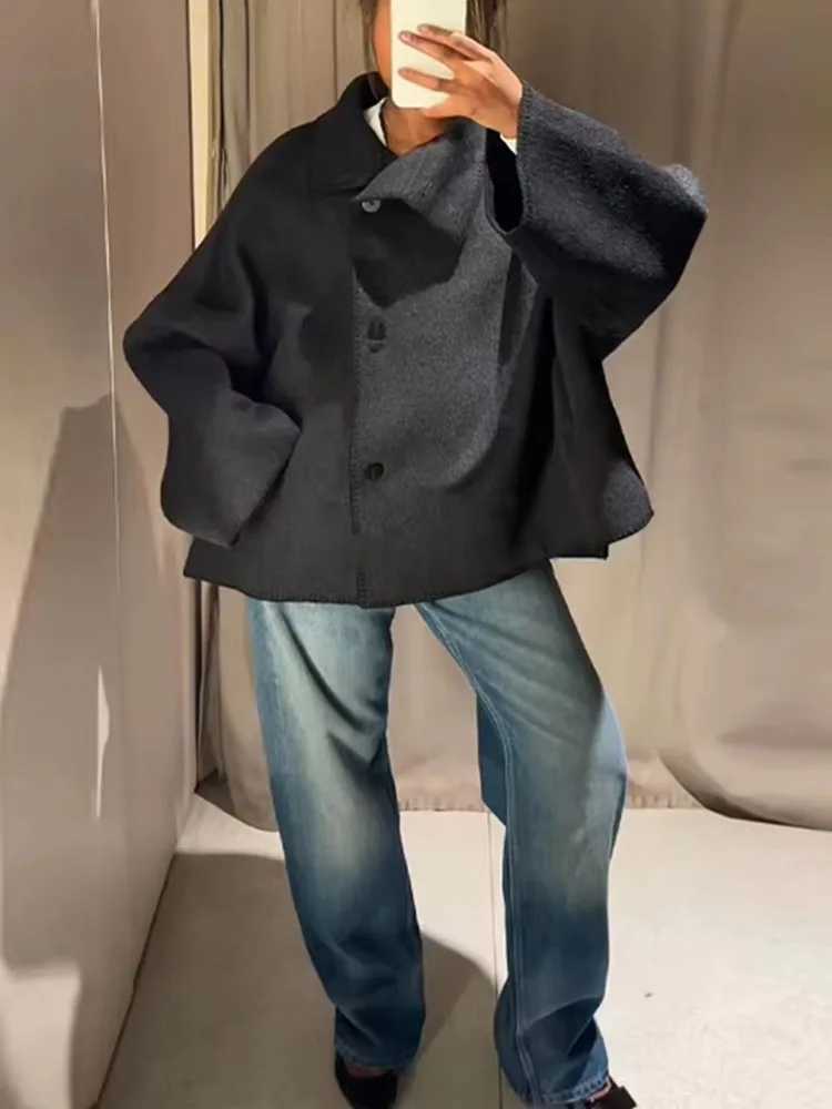 HH Elegant Womens Loose High Collar Woolen Jacket 2025 Autumn Winter Long Sleeve Wide Shoulder Office Lady Street Outwears J251124