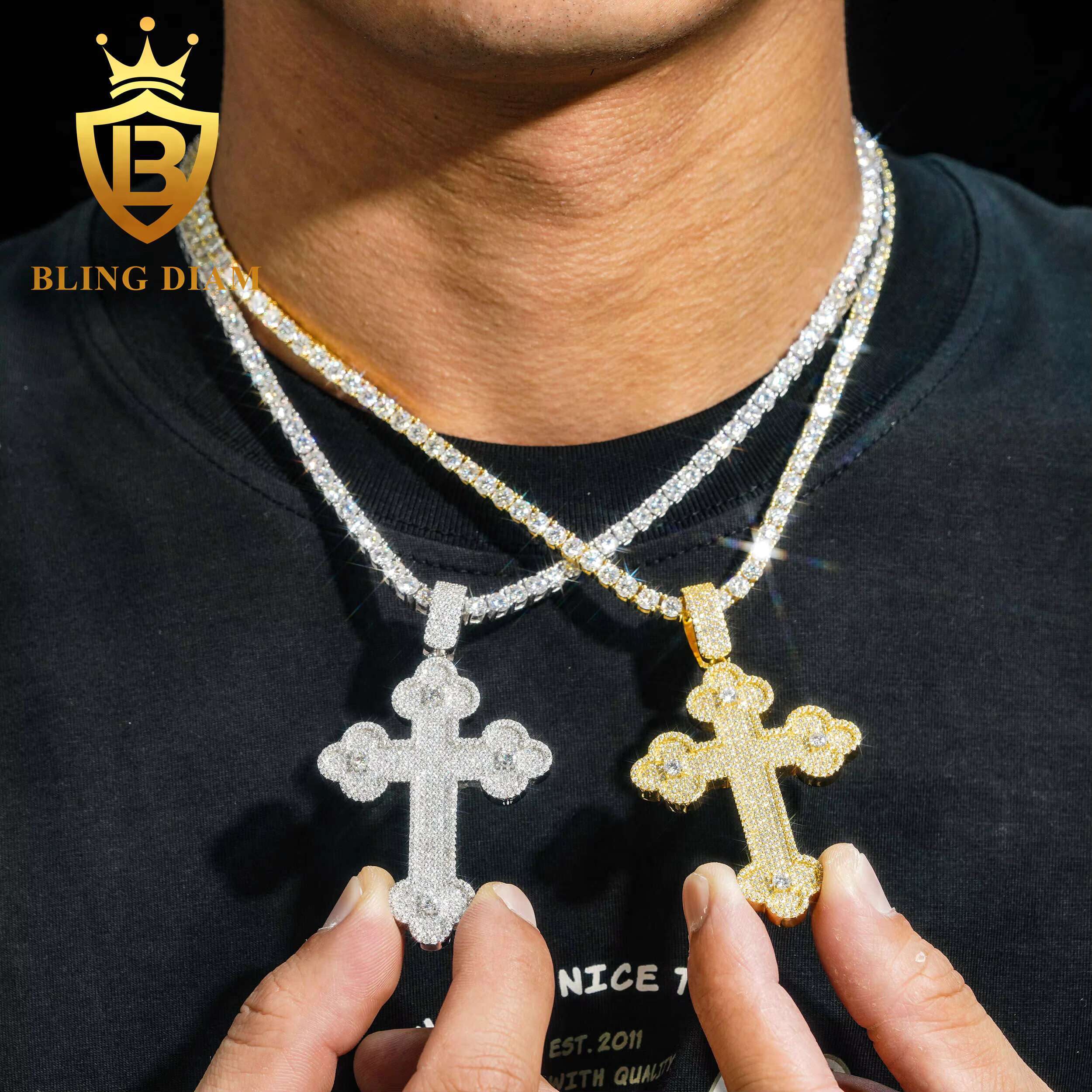 Solid 925 Sterling Silver Hip Hop Moissanite Cross Pendant High Quality Iced Out Hip Hop Pendant for Tennis Chain Necklace