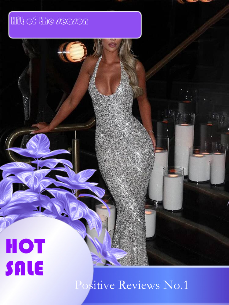 Dongdumaoyi Townlike Backless Sequin Nightclub Sexy Party Dress Women Halter Spring Summer Slim Bodycon Maxi Long Dresses