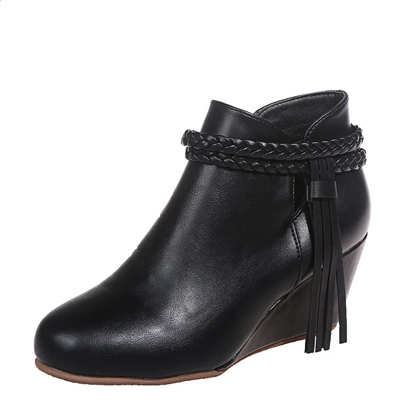 Retro Women Platform Boots Tassel Wedges Boots Women Zipper Solid Color Short Booties Round Toe Shoes for Women Zapatos De Mujer 250418