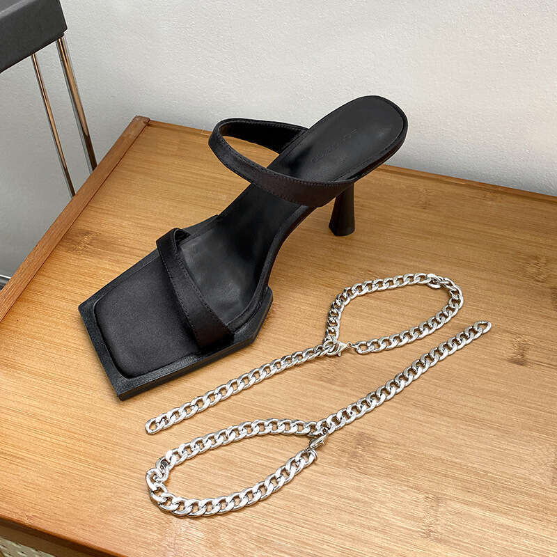 Woman Sandals New Fashionable Square Open Toe High Heeled Shoes With Chain Huizhou Women S Shoes Slim Heels Black Sexy Sandals