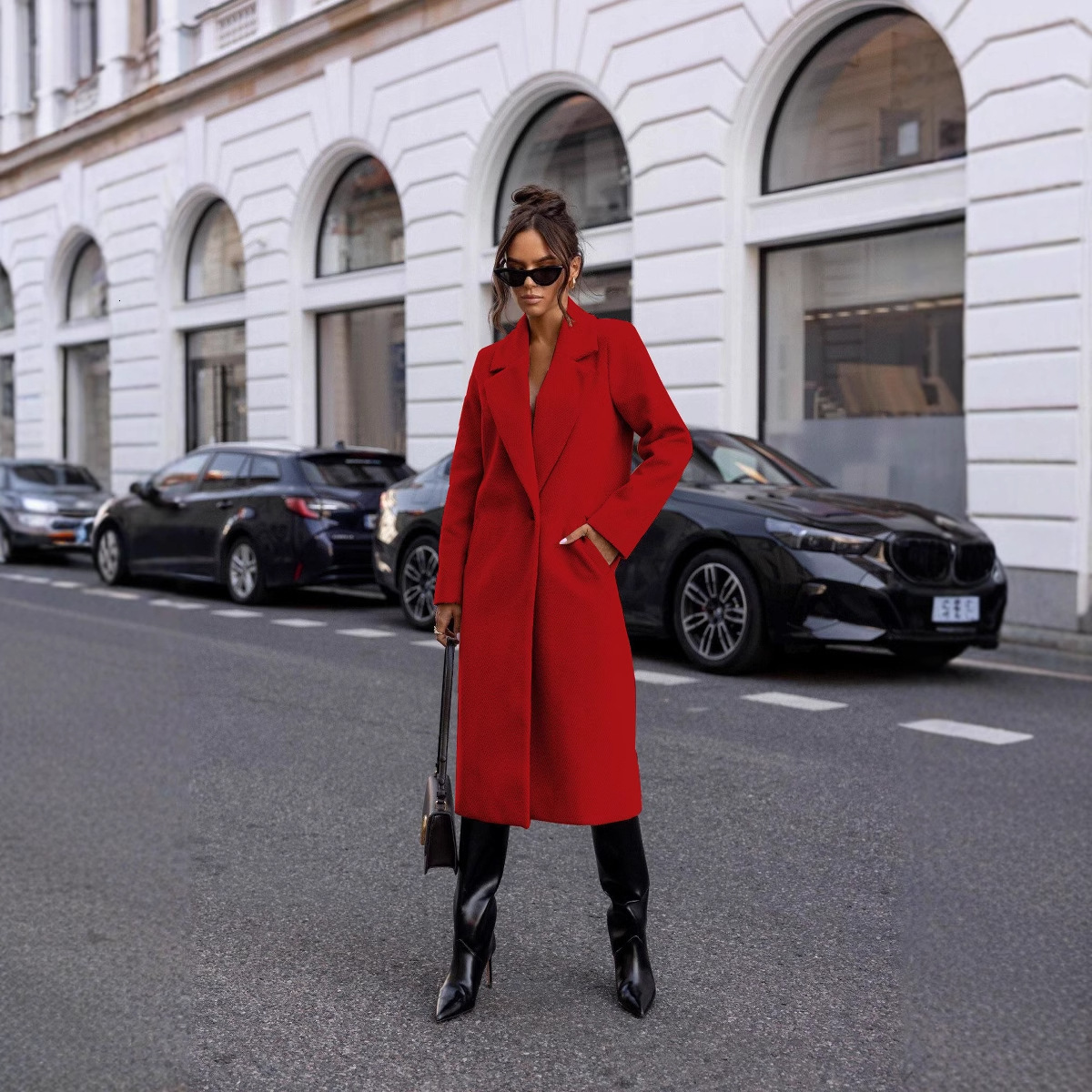 2024 Winter Simple Solid Color Long Sleeve Medium Long Woolen Coat Womens Wear