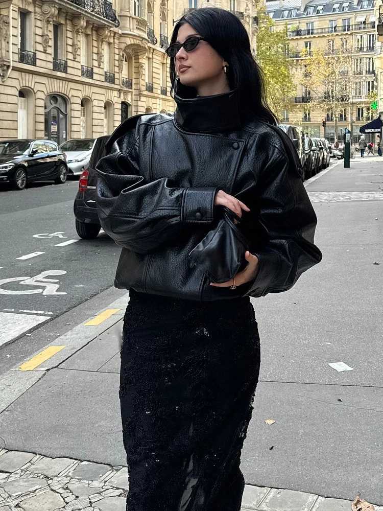 HH Fashion Women Faux Leather Loose Jacket 2025 Stand Collar Long Sleeve High Street Coat Autumn Winter Lady Locomotive Outwear J251124