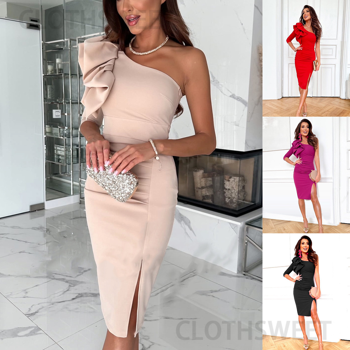 2024 New Commuter Solid Color Slant Collar Waist Irregular Split Dress Womens Wear