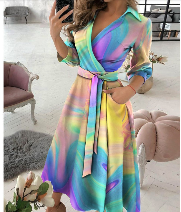 2021 spring and summer fashion long sleeve V-neck printing dress
