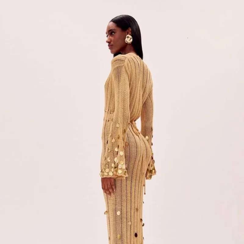 Sexy Sequin Knitted Long Dress Hollow Out Deep V Neck High Waist Robes See Though Party Dresses 2025 New Lady Vacation Clothing