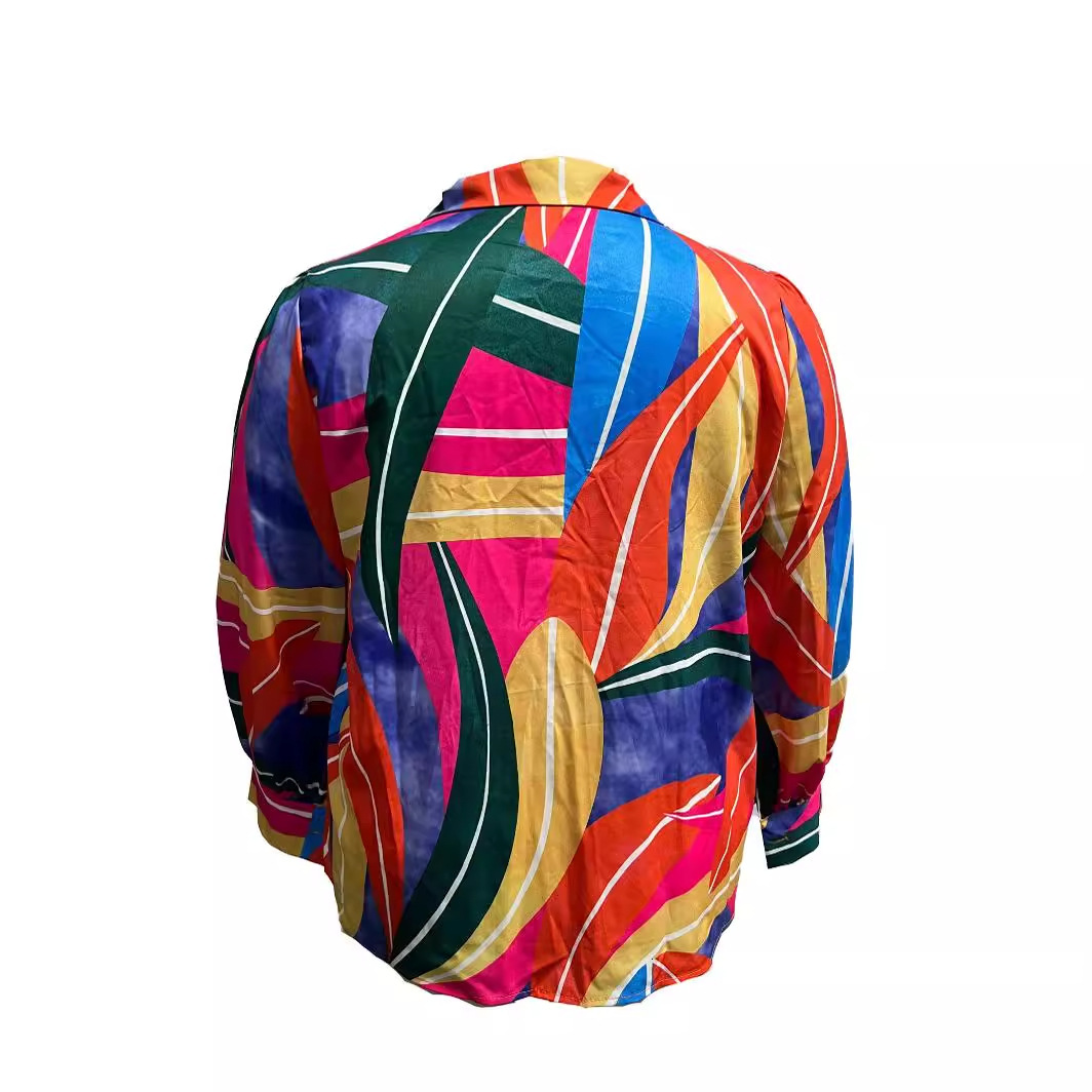 2024 autumn fashion casual long sleeved V-neck button printed shirt for women