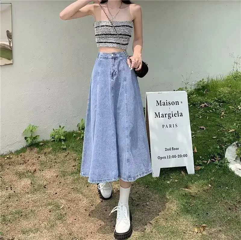 Elastic waist denim long skirt womens skiing summer retro weight loss high waisted Aline drawstring Versatile umbrella dress 250417