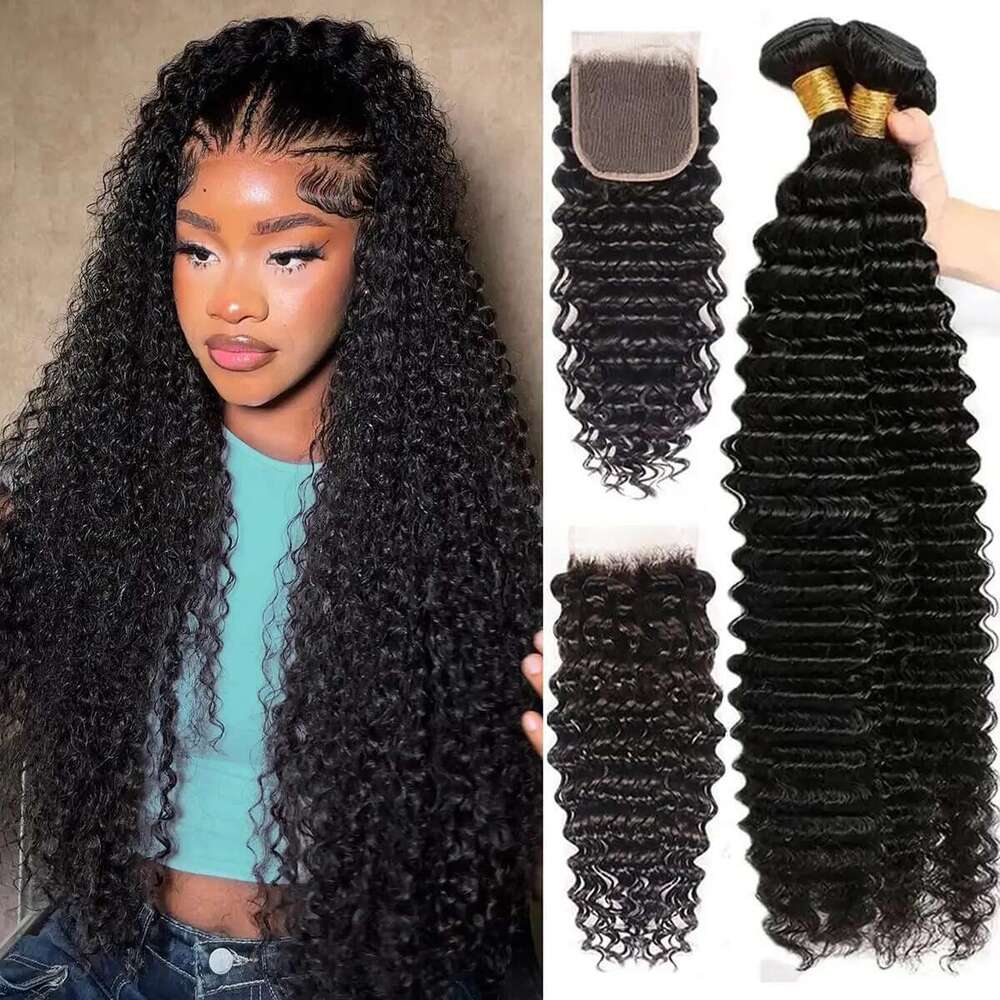Deep Wave Brazilian Virgin Human Hair 3 Bundles With 4X4 Lace Closure For Black Women Natural Color 30 Inch