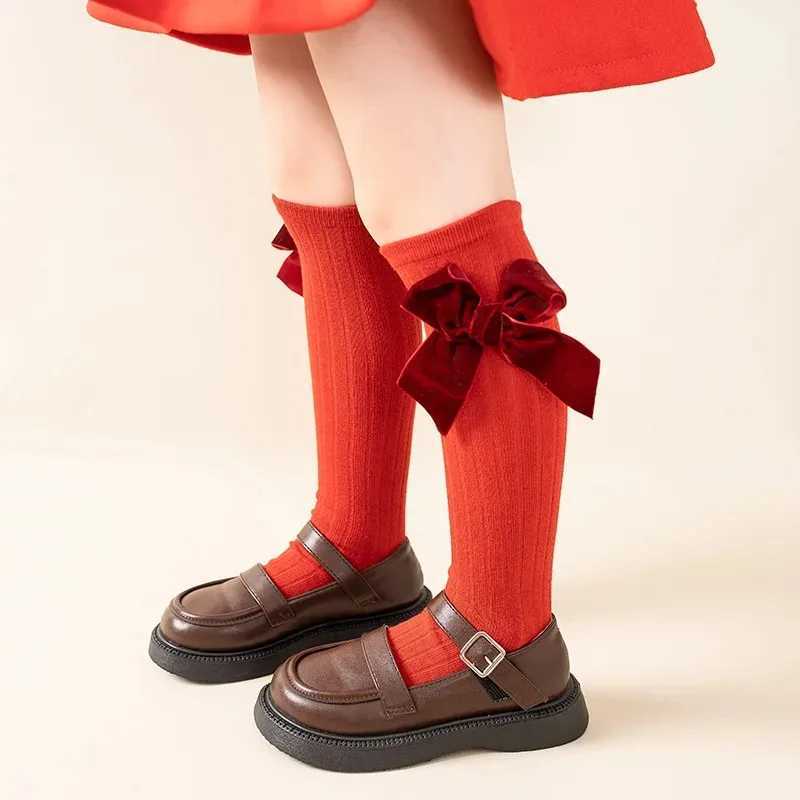 2025 Christmas Girls Socks For 3-12Y Autumn Winter Toddlers Big Bow Knee High Long Kids Sock Soft Cotton Red Socken G251124