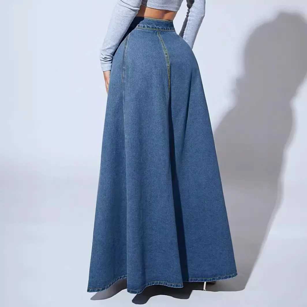 Denim dress womens long A-line single chest high waist jeans retro Maxi simple casual elegant splicing Y2k streetwear M250424