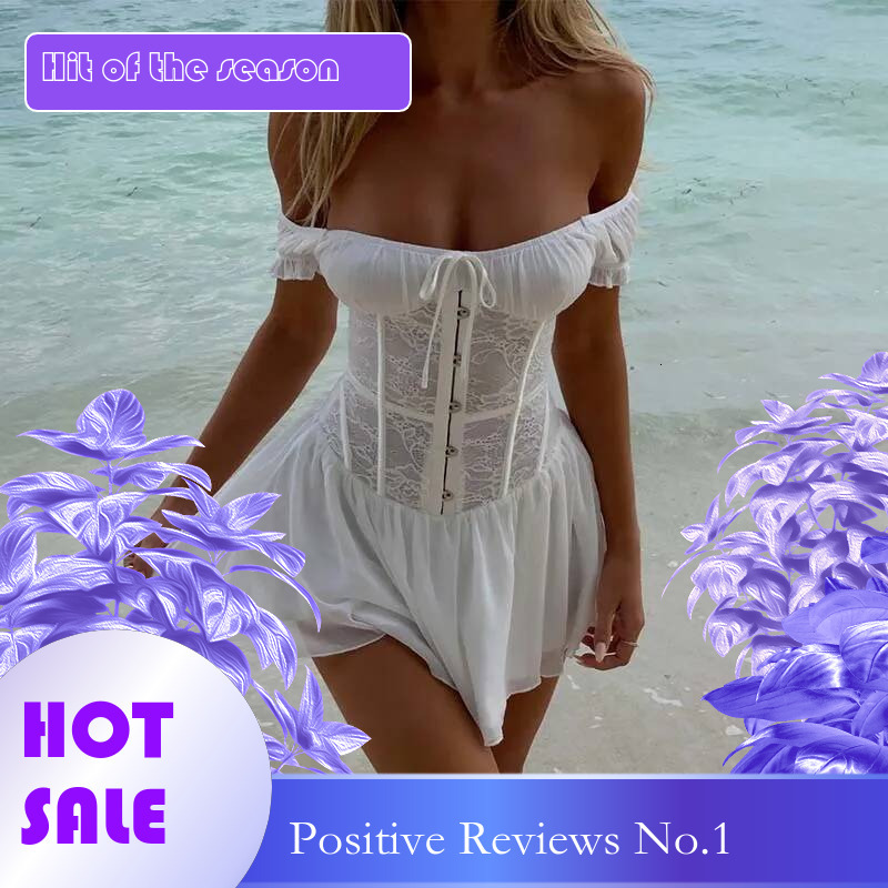 Dongdumaoyi Townlike Waist Wrap A Line Dress Women Off Shoulder Mini Spring Summer Lace Patchwork Nightclub Sexy Party Dresses