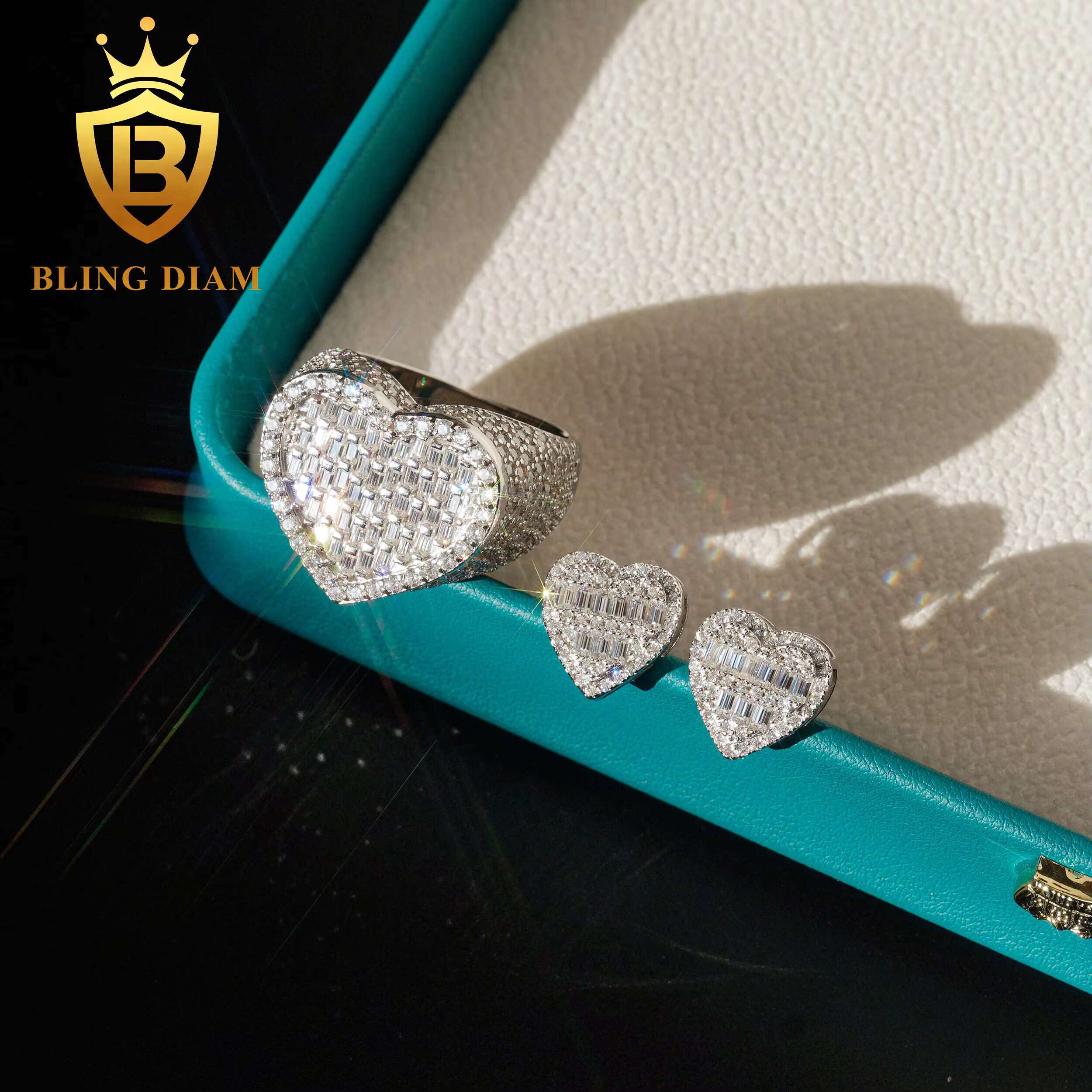 Moissanite Hip Hop Jewelry Luxury Heart Shape Pendant Earrings Cuban Ring Set Moissanite Custom Pendant 925 Silver Iced Out Gift