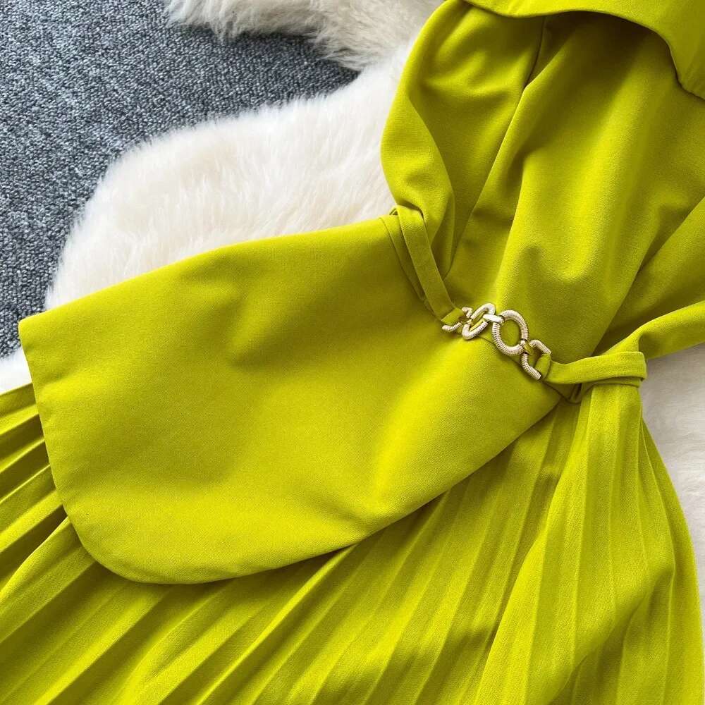 Elegant O-Neck Vintage Cloak Sleeves Chic Asymmetrical Slim A-Line Pleated Dresses Evening Fashion Women High Street Clothing