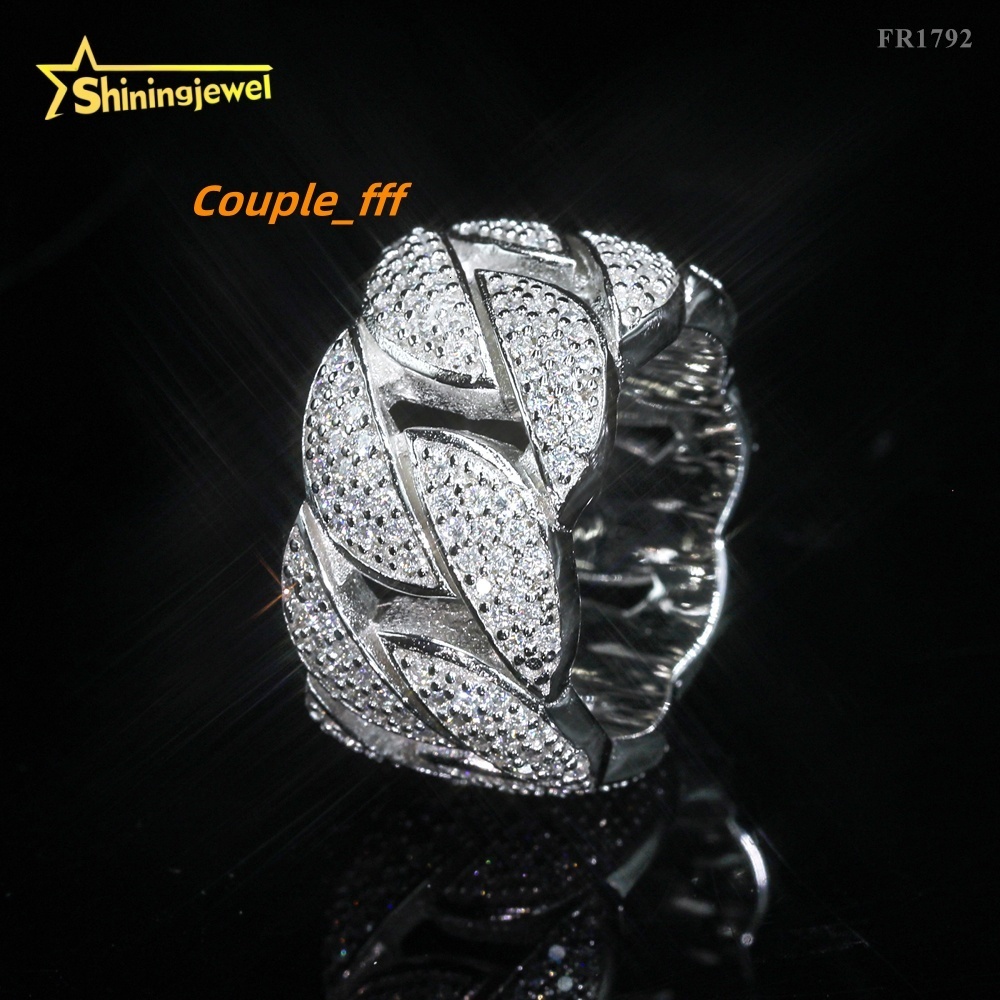 Hot Selling Iced Out Three Rows Moon Shape Cuban Ring Hip Hop Silver 925 Moissanite Men Rings