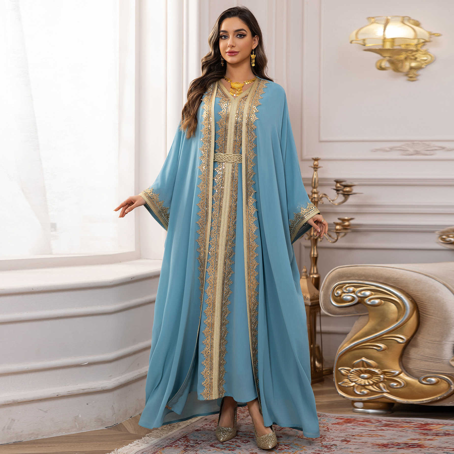 Lace trim woven belt splicing long robe two-piece set with waist belt chiffon dress L251124