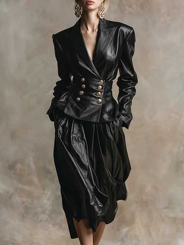 Model Urban Elegance Faux Leather Jackets for Women 2025 Winter V-neck Double-breasted Wommes Vintage Black Pu Leather Outwear J251124