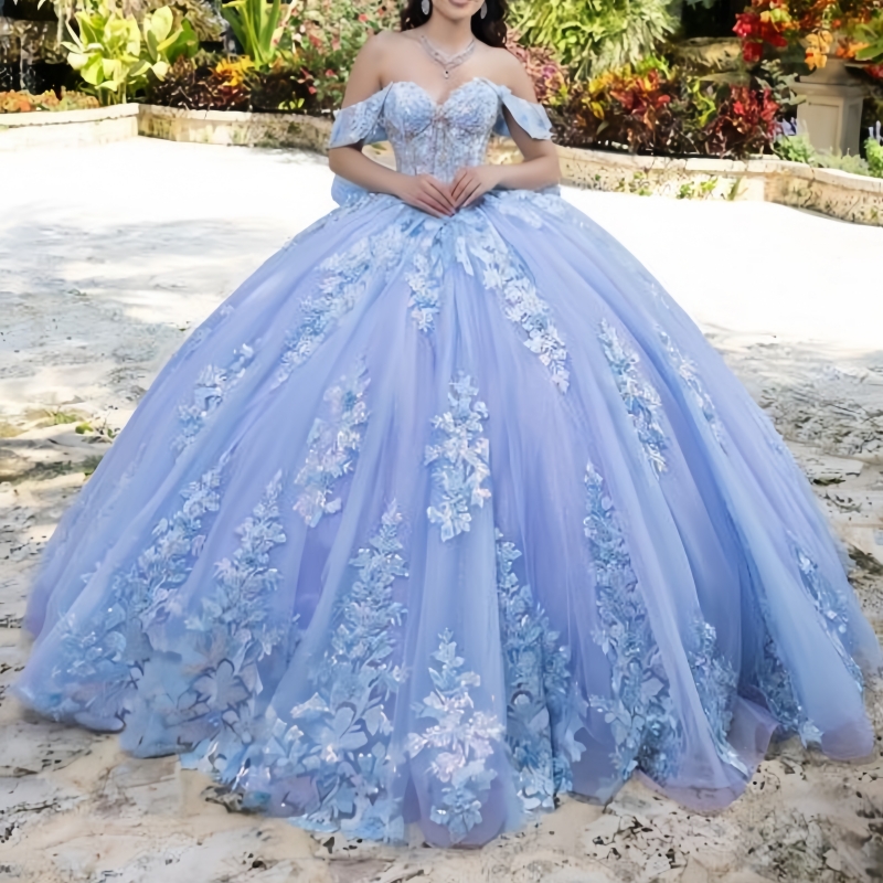 Sky Blue Princess Quinceanera Dresses Off Shoulder Applique Lace Beads Bow Tull Sweet 16 Dress Ball Gown Vestidos 15 De Anos
