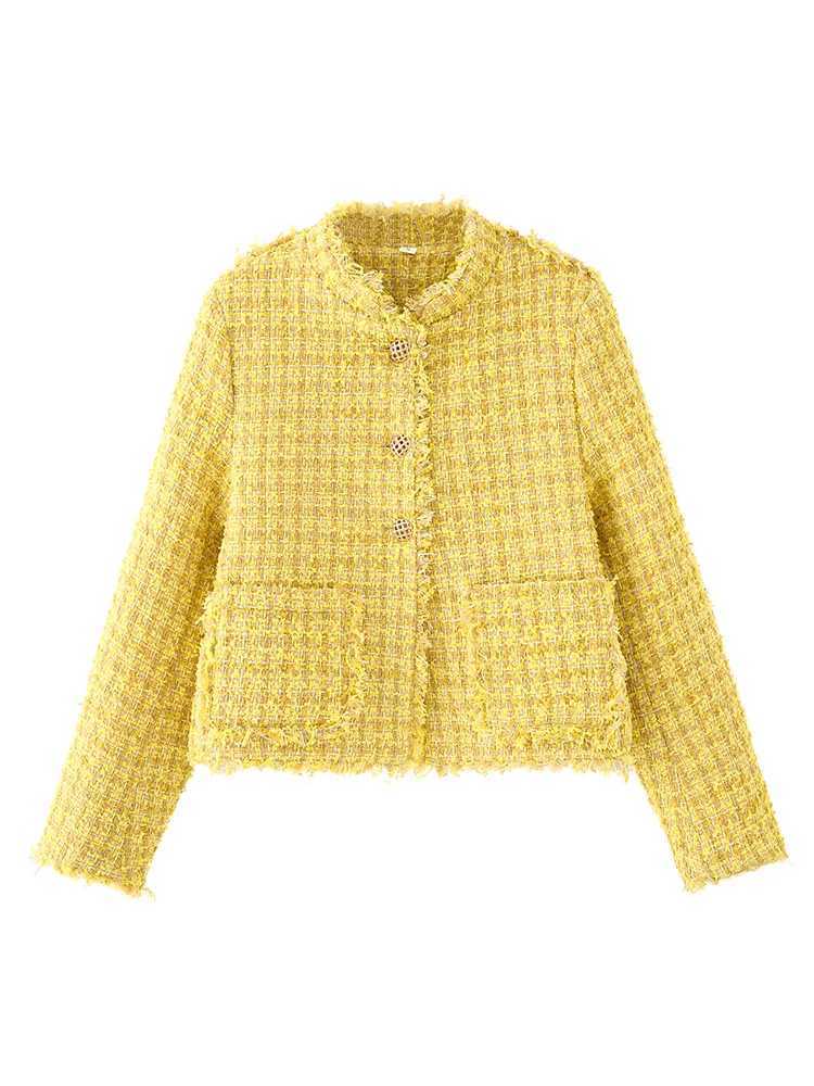 HH Fashion Women Yellow Tweed Jackets Slim Single Breasted Long Sleeve Autumn Coats Female Small Fragrant Style Outerwear J251124