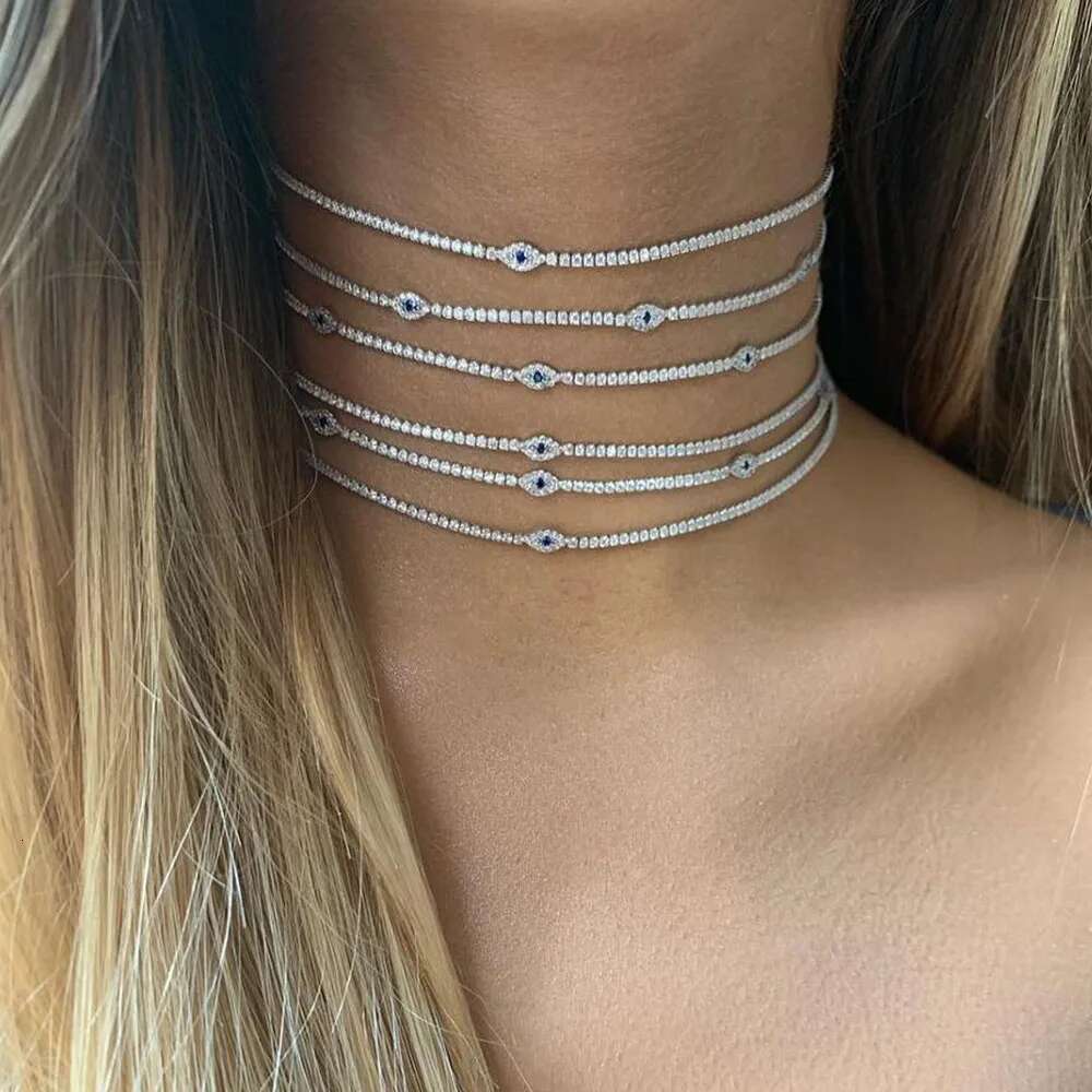 Stonefans Fashion Tennis Choker Rhinestone for Women Charm Collar Chain Blue Crystal Necklace Evil Eye Jewelry