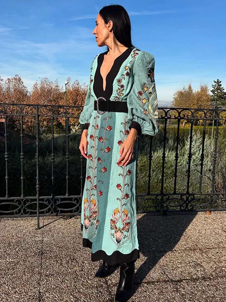 Elegant Printed Deep V-Neck Dresses Women Vintage Loose Backless Long Sleeve Maxi Dress Lady New Spring Chic Party Beach Holiday