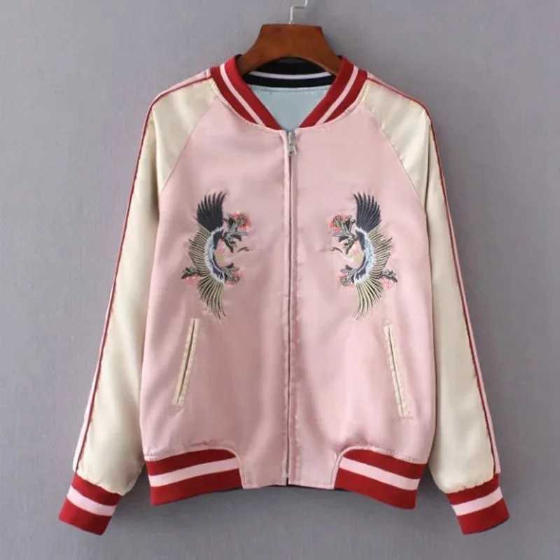Double Sided Satin Baseball Jacket Women Sukajan Bomber Jacket Female Girls Embroidery Coat 2025 Spring Autumn Pink J251124