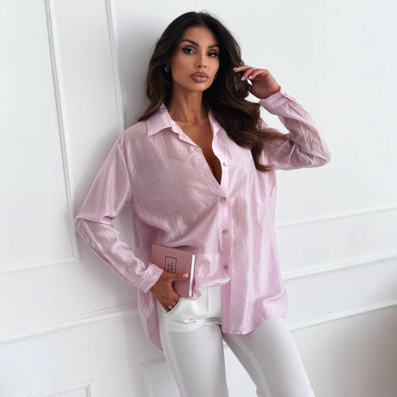 2025 new spring and autumn season simple and fashionable solid color rhinestone long sleeved shirt womens clothing