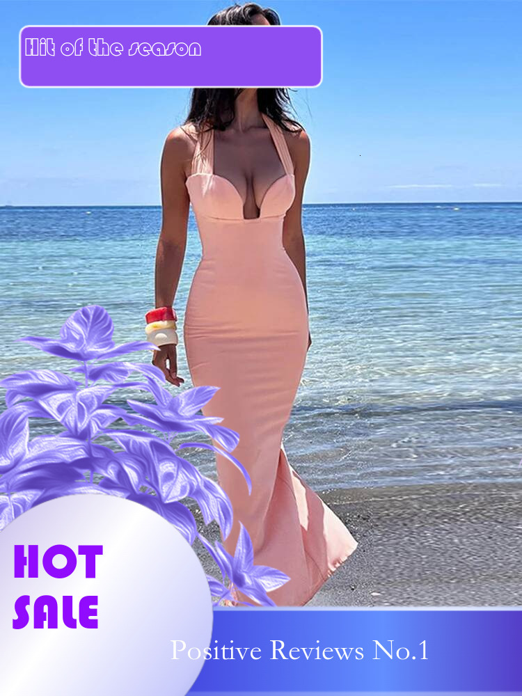 Dongdumaoyi Townlike Elegant Maxi Long Slim Bodycon Dress Women Halter Summer Spilt Backless Nightclub Sexy Party Dresses
